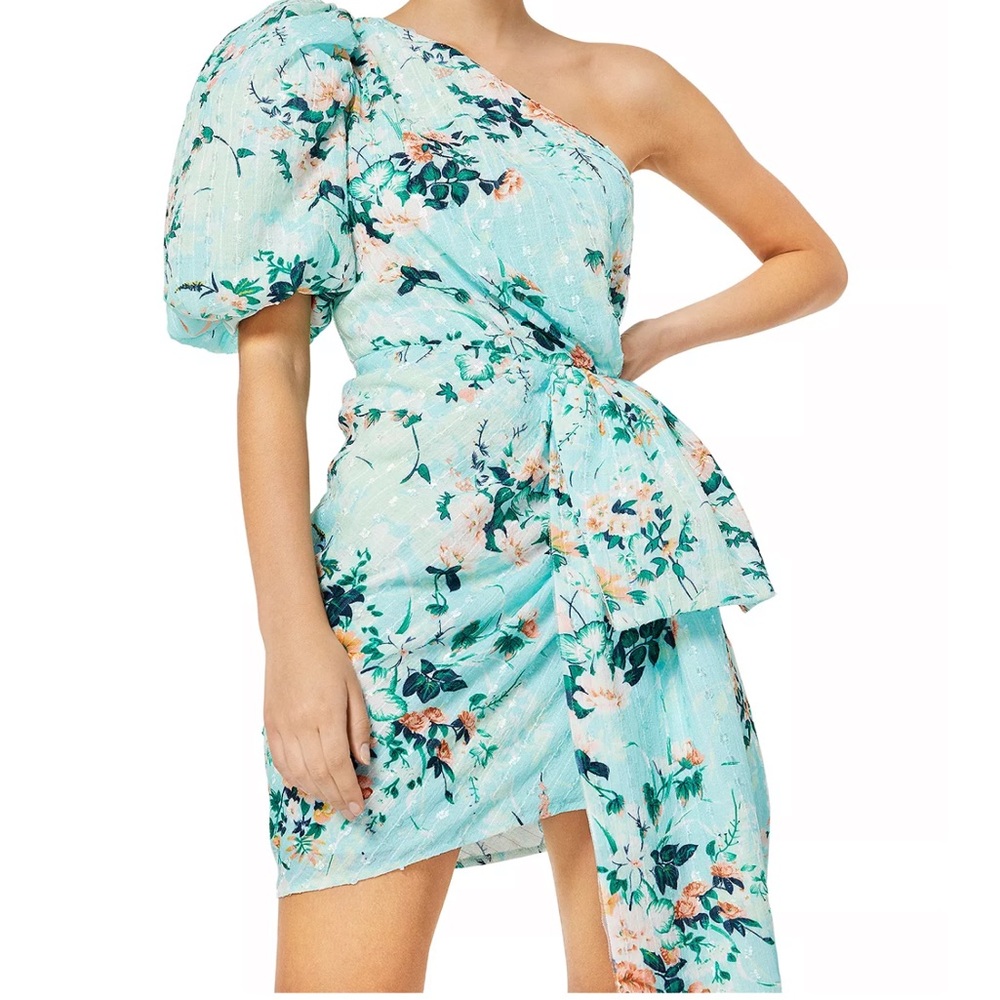 Elliatt Mint Floral One-Shoulder Puff Sleeve Dress